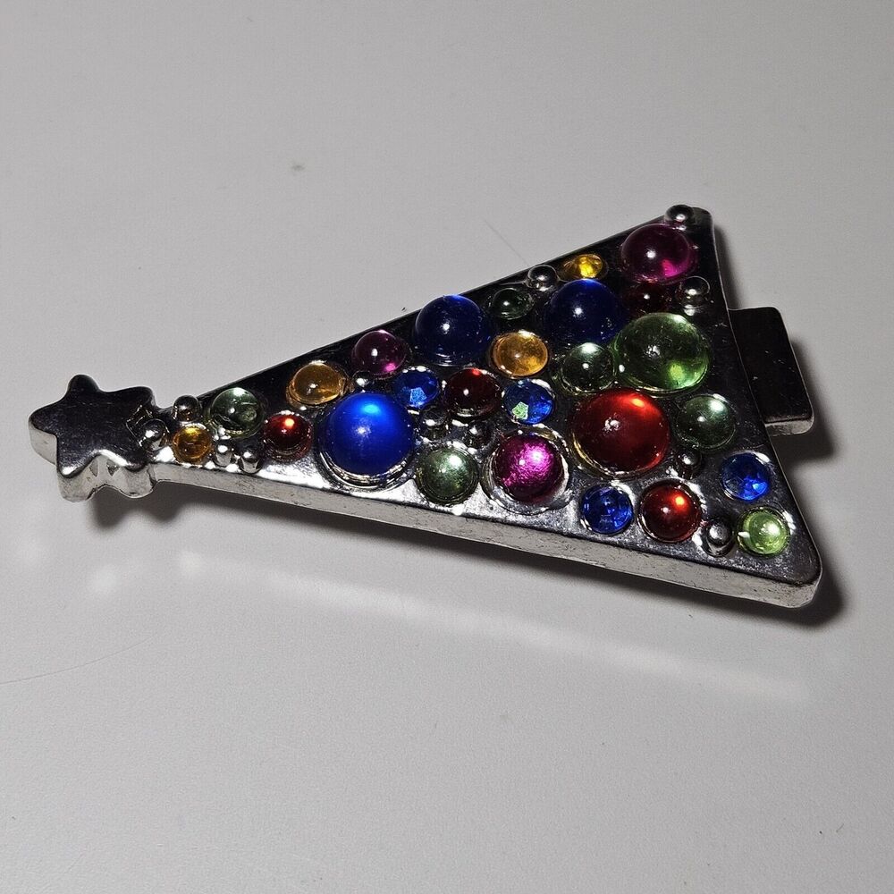 VTG Multi Color Glass Rhinestone Ornaments Christmas Tree Silver Tone Brooch - Picture 9 of 9